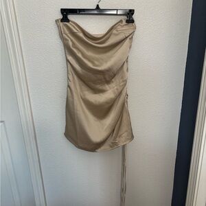 Meshki Strapless Satin Dress in Tan